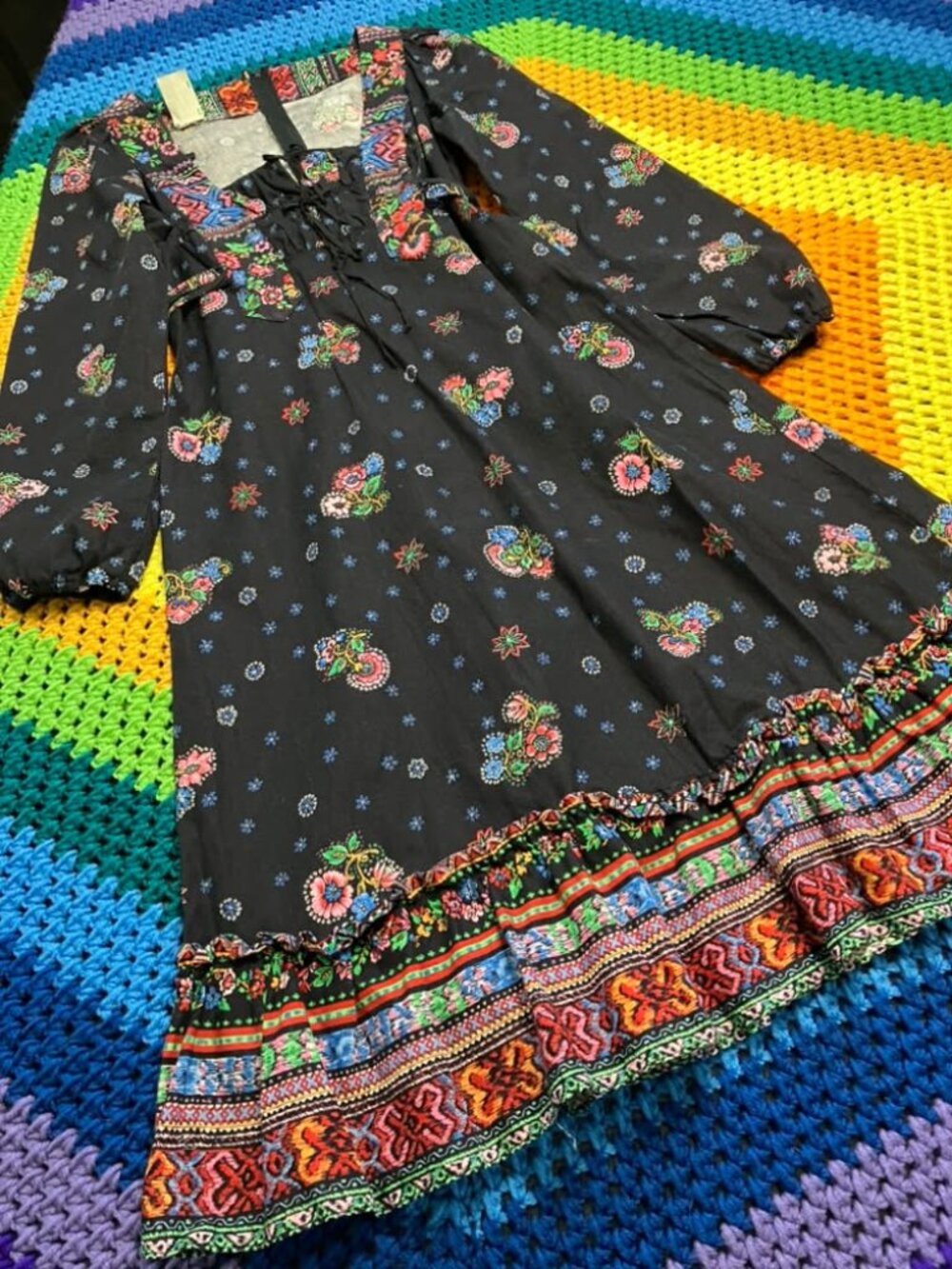 70's Vintage Black Rainbow Calico Corset Prairie Midi Dress